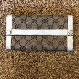 White & Tan Gucci Long Canvas Wallet